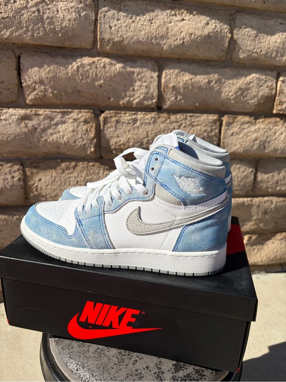 Nike Kids White and Light Blue High-Top Air Jordans